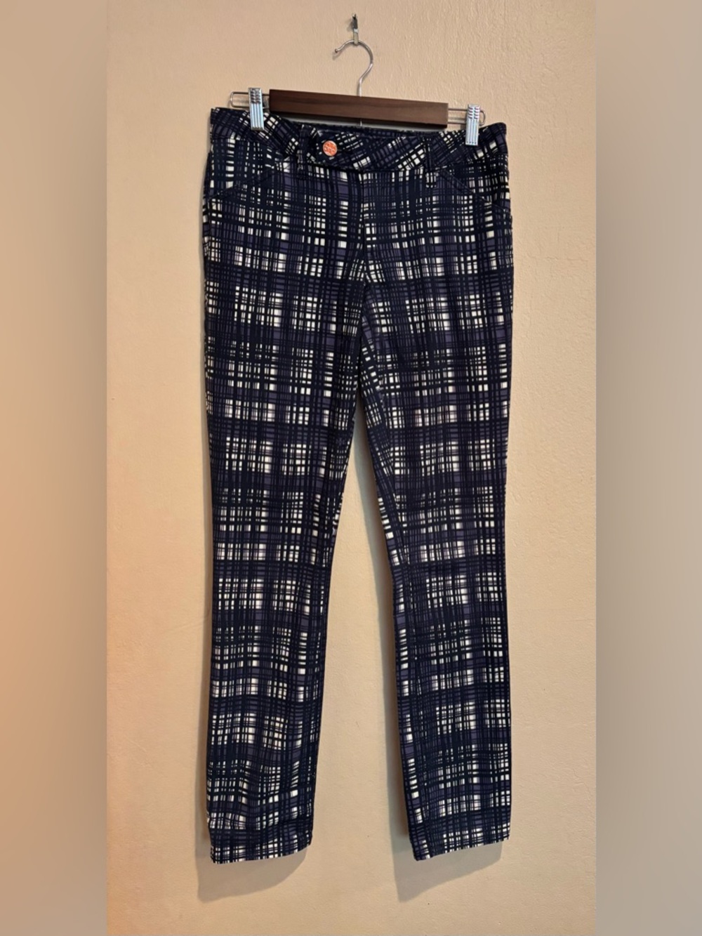 Tory Burch Conner Tab Front Skinny Jeans, Blue Hashy Square Pattern, size S/6